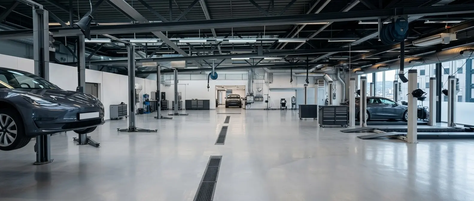 Verkstedhallen til EV Expert med biler på løftebukker