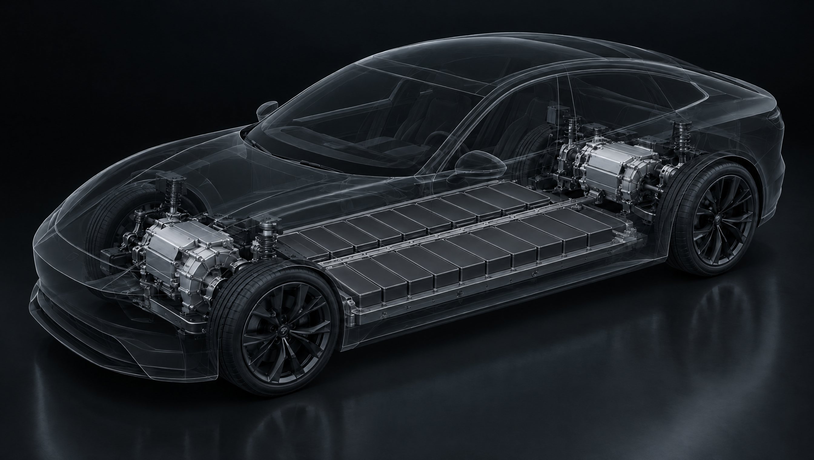 Illustrasjon: en gjennomsiktig elbil med batterimodulene synlige i gulvet